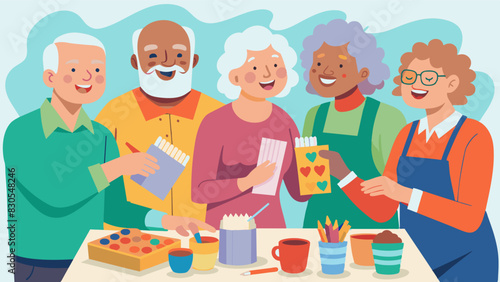 A group of seniors delightfully experimenting with watercolors at a community art workshop for older adults.. Vector illustration