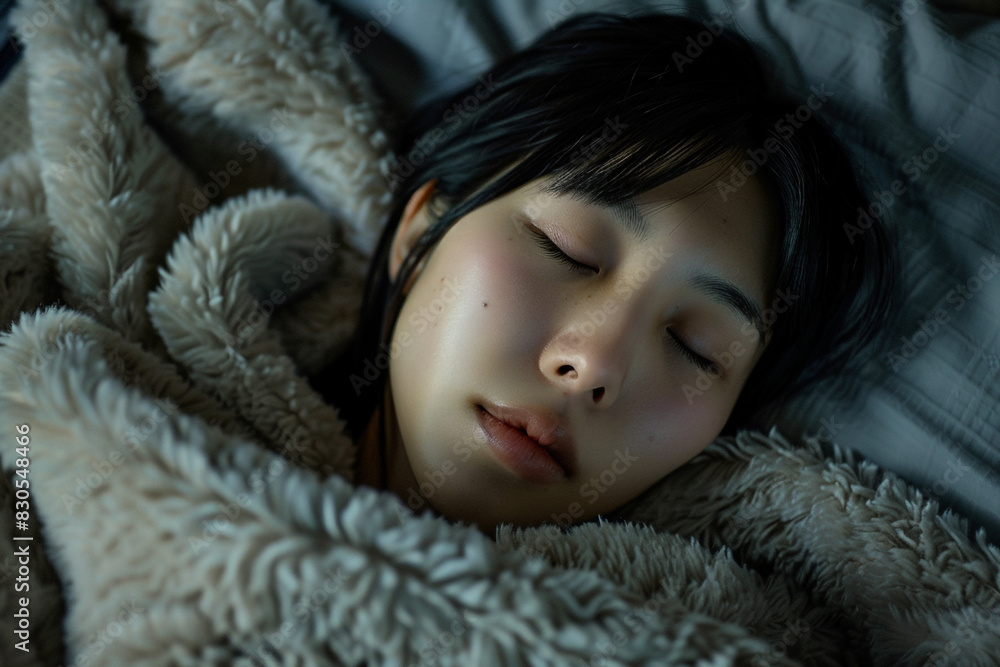 Japanese woman sleeping in bed, covered with blanket, closeup of face, top view, indoor lighting, warm tones, cinematic feel, high resolution, Nikon D850 camera, f/2 lens, soft shadows, natural look Japanese woman sleeping in bed, covered with blanket, closeup of face, top view, indoor lighting, warm tones, cinematic feel, high resolution, Nikon D850 camera, f/2 lens, soft shadows, natural look