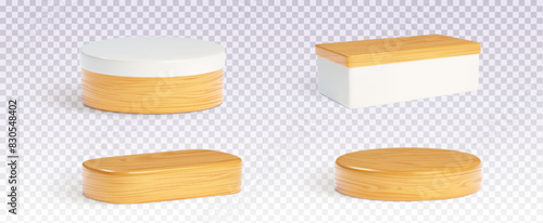 Wooden round and rectangular product podium with shadow on transparent background. Realistic 3d vector illustration set of cylinder and cube goods display platform and pedestal for presentation.