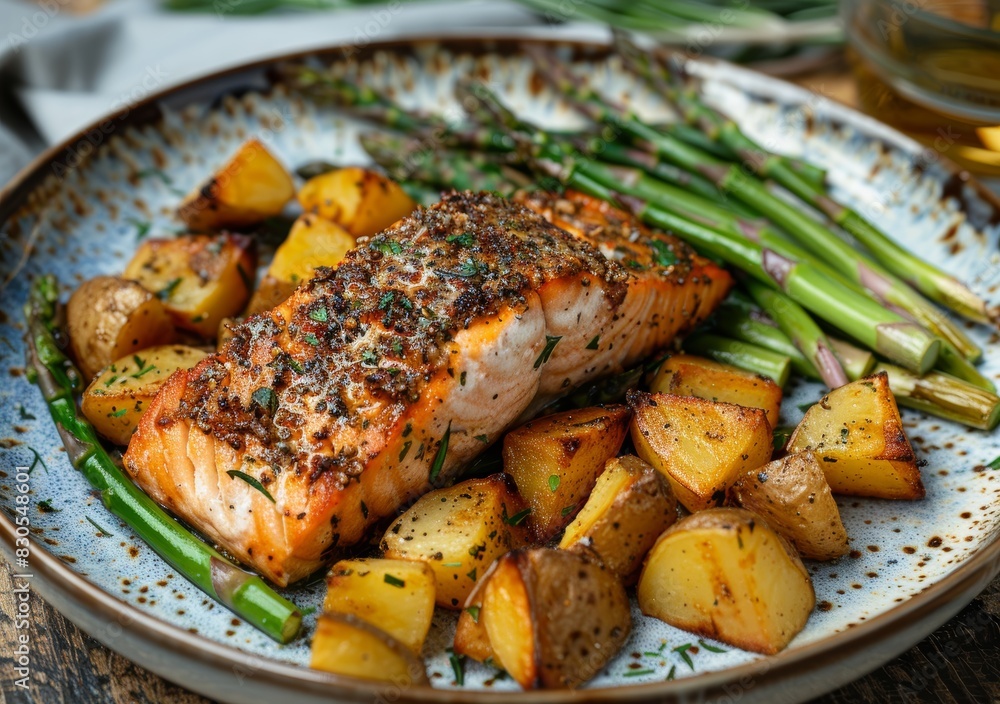 Delicious Salmon Dinner with Roasted Potatoes and Asparagus Generative AI Delicious Salmon Dinner with Roasted Potatoes and Asparagus Generative AI