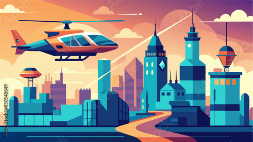 The noise pollution usually associated with traditional transportation ods is almost nonexistent in this futuristic city as the air taxis operate quietly and smoothly leaving. Vector illustration photo