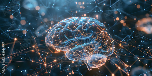 Technical Illustration of Human Brain with Detailed Network of Neurons, Neural Networks and Connections #830549017