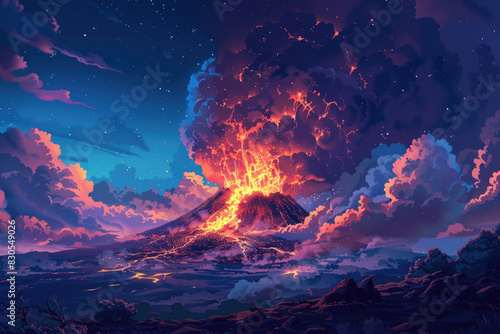 A dramatic volcanic eruption with fiery lava and billowing smoke under a night sky photo
