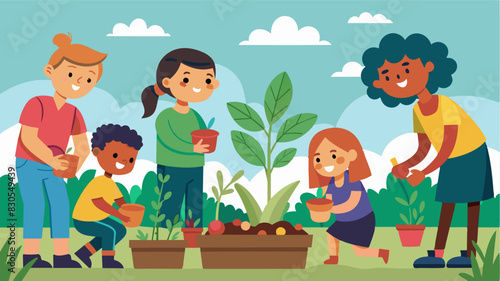Excited children carefully plant seeds with the guidance of their older neighbors in a community garden that they will watch grow and flourish over time.. Vector illustration