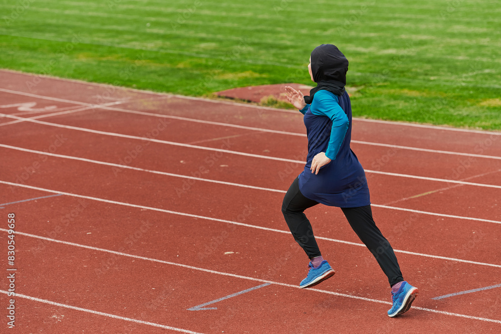 A muslim woman in a burqa sports muslim clothes running on a marathon course and preparing for upcoming competitions