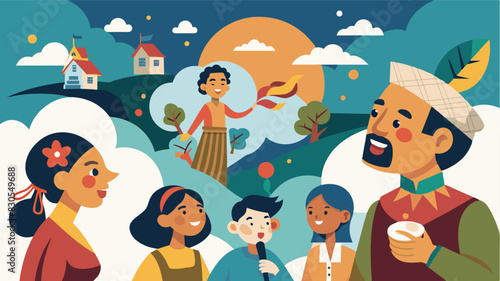 From traditional legends to personal anecdotes the air is alive with the sound of diverse narratives spoken in a chorus of different languages and accents.. Vector illustration