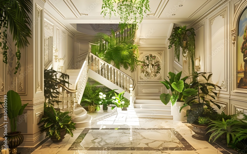 Naklejka premium A Scandinavian-inspired interior with a simple, functional wooden staircase, clean lines, and a palette of white, gray, and natural wood tones