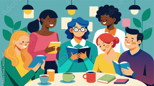 In a local coffee shop a diverse group of individuals from the community bonded over their shared passion for reading and stimulating discussions.. Vector illustration