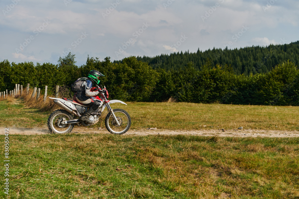 A professional motocross rider exhilaratingly riding a treacherous off-road forest trail on their motorcycle. A professional motocross rider exhilaratingly riding a treacherous off-road forest trail on their motorcycle.