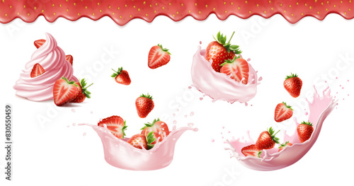 3d realistic vector illustration. Set of strawberry with whipped cream,splash of milk with ripe strawberries, falling red berries. 