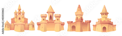 Sand castle for summer beach cartoon illustration. Isolated cute sandcastle sculpture drawing. Seaside tower element for kid activity on holiday. Yellow child palace object clipart design set