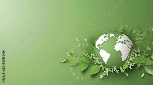 World Environment Day, one world on enviromrnt - text and white sign of globe and leafs on gradient green background, Generative AI
