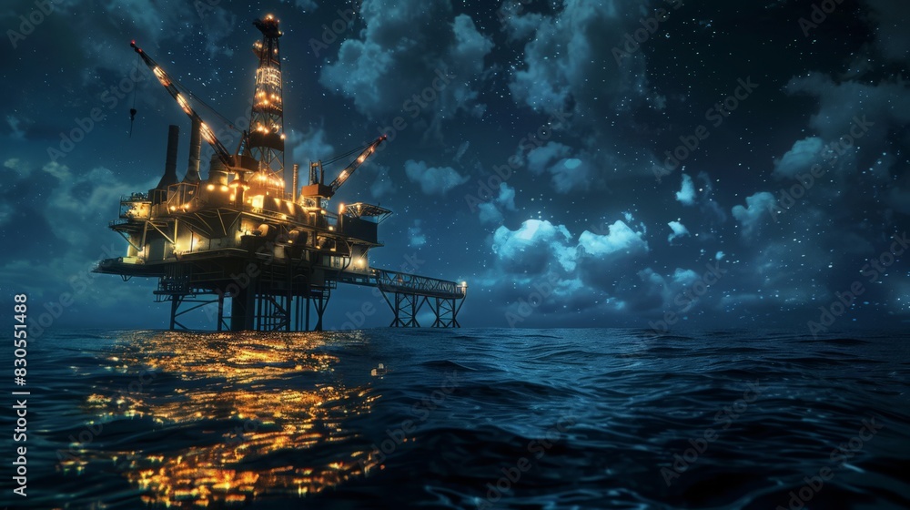 An oil rig in the middle of the ocean, illuminated against the dark night sky, symbolizing the relentless quest for energy resources An oil rig in the middle of the ocean, illuminated against the dark night sky, symbolizing the relentless quest for energy resources