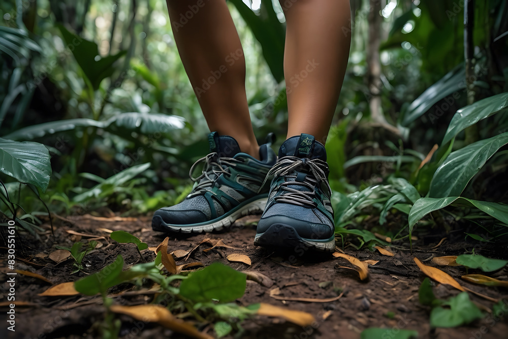A close up of sport shoes in jungle A close up of sport shoes in jungle