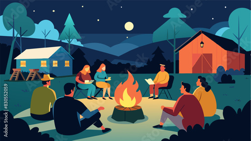 On the outskirts of town in a renovated barn a group of writers gathers around a fire pit to critique each others stories under the stars. The peaceful and rustic setting serves as. Vector