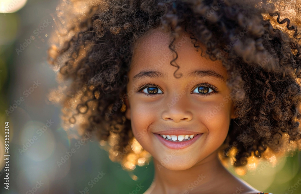 Cheerful young African American girl with curly hair, eyes sparkling at the camera