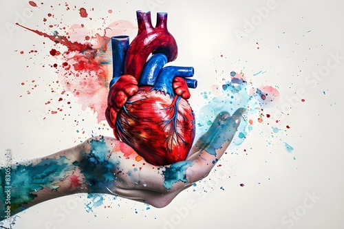 Human heart on hand, Colored, creative illustration in futuristic style. Visual for design of medical photo