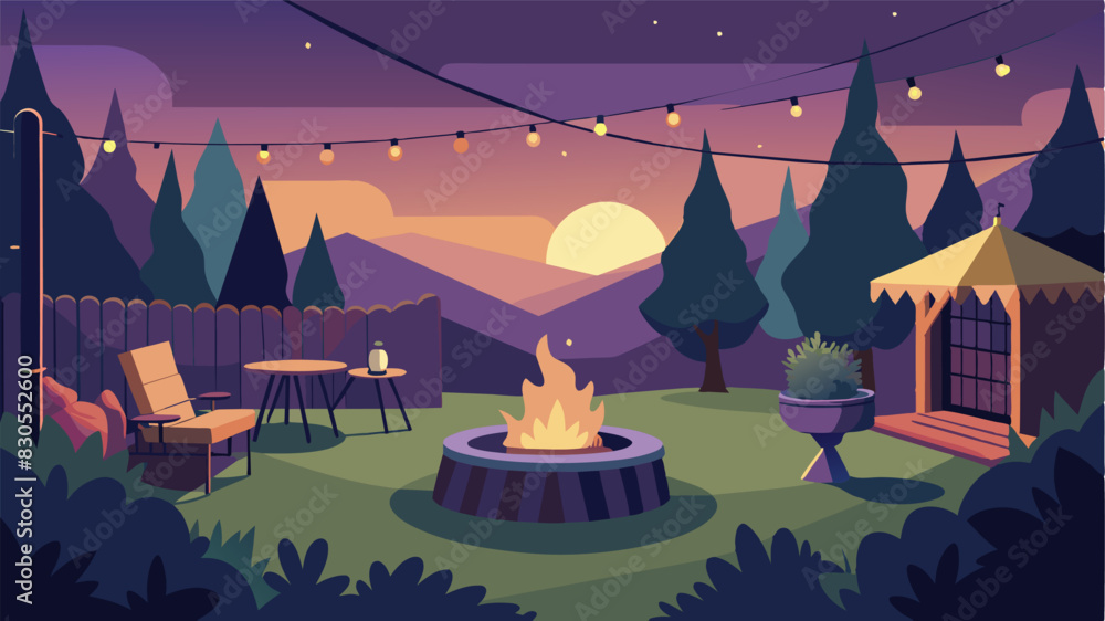 As the sun sets the garden transforms into a cozy and intimate gathering space with string lights hung up and a fire pit lit for a community barbecue.. Vector illustration As the sun sets the garden transforms into a cozy and intimate gathering space with string lights hung up and a fire pit lit for a community barbecue.. Vector illustration