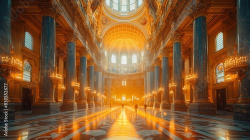 Grand cathedral interior with majestic pillars  intricate ceilings  and warm sunlight creating a serene and awe-inspiring atmosphere.