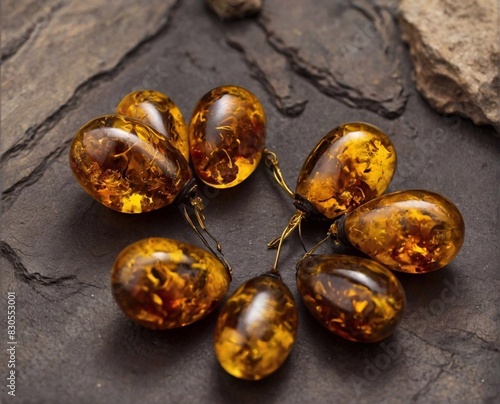 Yellow-orange various rounded pieces of amber. An ancient gemstone of natural origin.