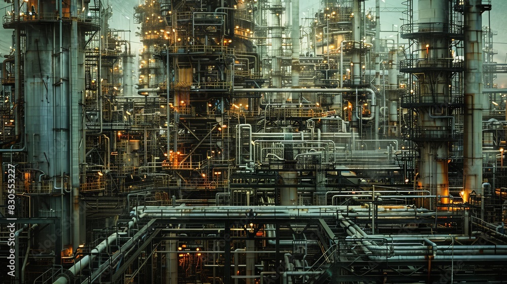The intricate machinery of an oil refinery hums with activity, transforming crude oil into gasoline, diesel, and other vital products The intricate machinery of an oil refinery hums with activity, transforming crude oil into gasoline, diesel, and other vital products