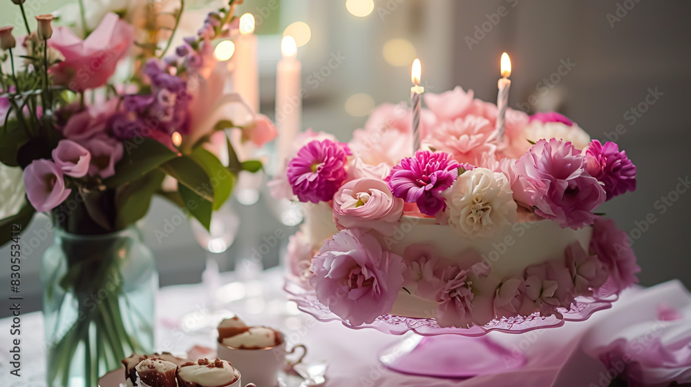 Birthday cake with candles and flowers on the table. Selective focus Birthday cake with candles and flowers on the table. Selective focus