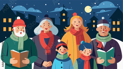 Community members of all ages joined in the festive spirit dressed in their coziest winter attire and singing carols as they walked through the streets.. Vector illustration