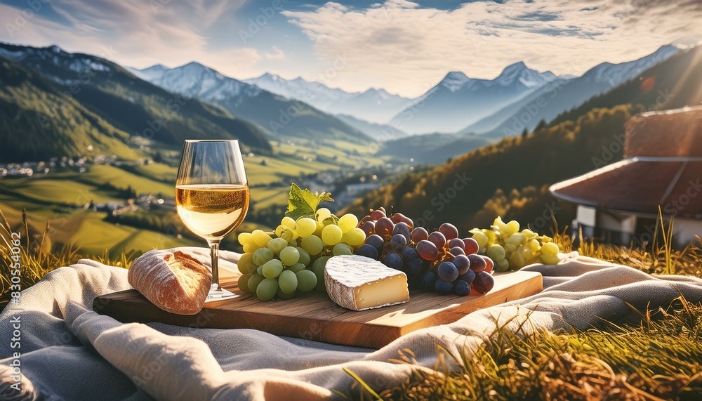 Fototapeta premium Austrian Hillside Picnic: Wine, Cheese, and Baguette under Partly Sunny Skies