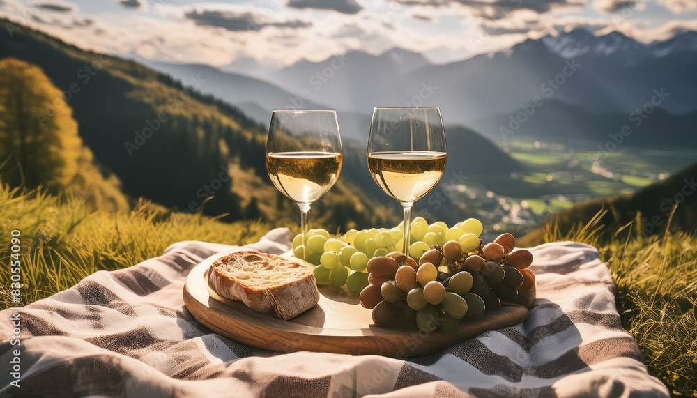 Fototapeta premium Austrian Hillside Picnic: Wine, Cheese, and Baguette under Partly Sunny Skies