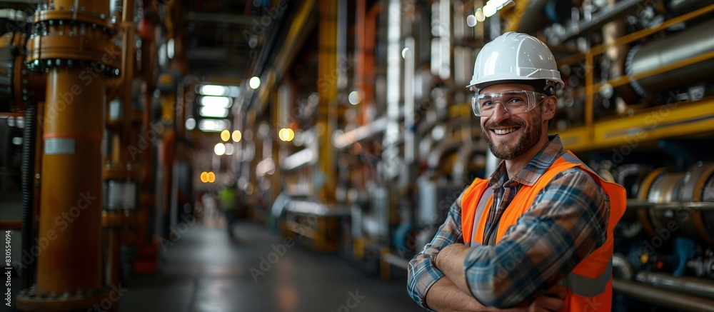A Distinguished Caucasian Male Engineer Smiling With Arms Crossed, Industrial Environment, Risk Mitigation Concept, PPE, Copy Space. A Distinguished Caucasian Male Engineer Smiling With Arms Crossed, Industrial Environment, Risk Mitigation Concept, PPE, Copy Space.