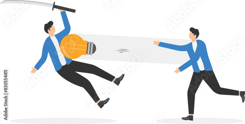 Small businessman use idea fighting against a big businessman, Great difficulties for small business against big corporations and the world interests to emerge and grow

