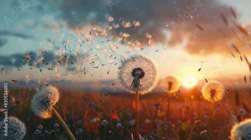 The seed direction of the big Dandelion blowball generation is sunset