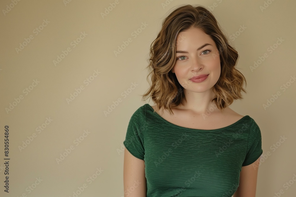 Caucasian woman standing, wearing a green short-sleeve knit dress, with shoulder-length wavy brown hair, beige background Caucasian woman standing, wearing a green short-sleeve knit dress, with shoulder-length wavy brown hair, beige background