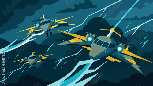 Lightning strikes light up the air taxis revealing their aerodynamic designs as they navigate through the chaotic storm.. Vector illustration