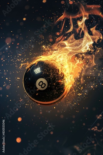 flaming 8 ball on fire, with flames and particles photo