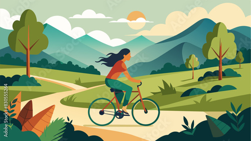 A woman leisurely riding her bike through a scenic peaceful trail taking in the sights and sounds of nature.. Vector illustration