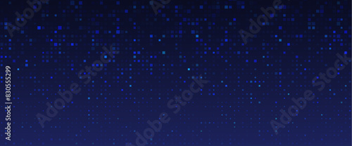 Dark background with blue pixel pattern. Vector illustration of abstract bg with geometric square elements grid. digital backdrop with dissolve rectangle dot particle mosaic gradient texture.