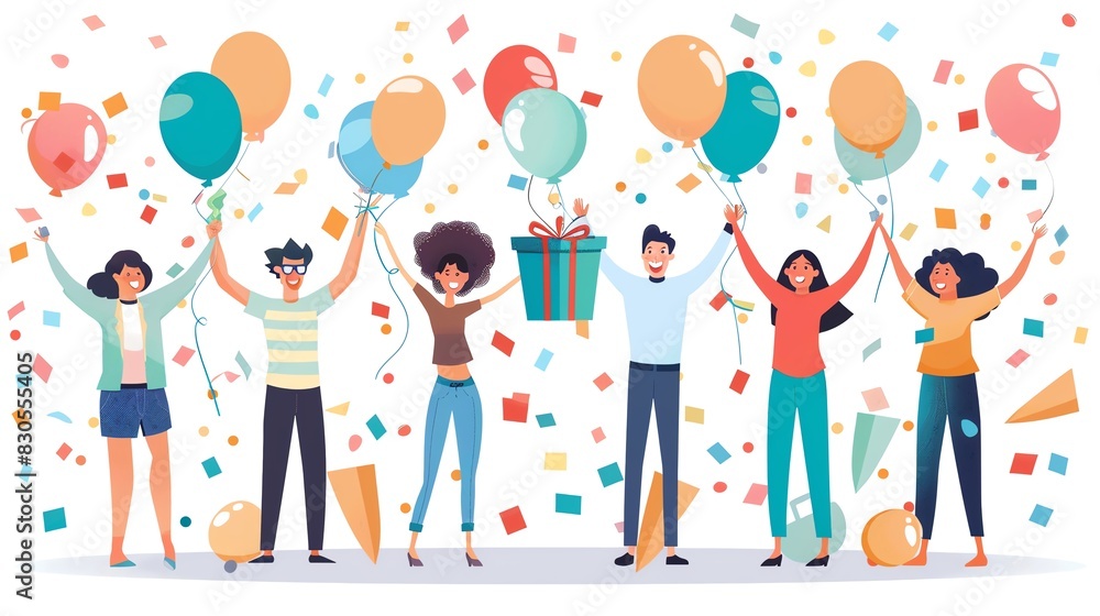 Diverse group of people celebrating with balloons and confetti. Diverse group of people celebrating with balloons and confetti.