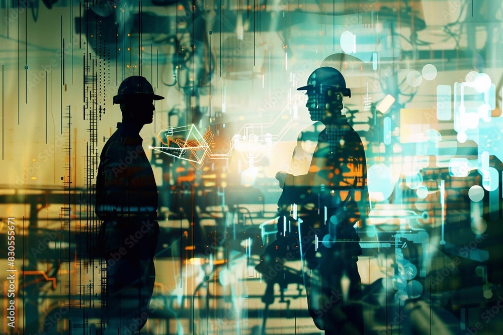 Workers using AI for predictive maintenance on machinery. Workers using AI for predictive maintenance on machinery.