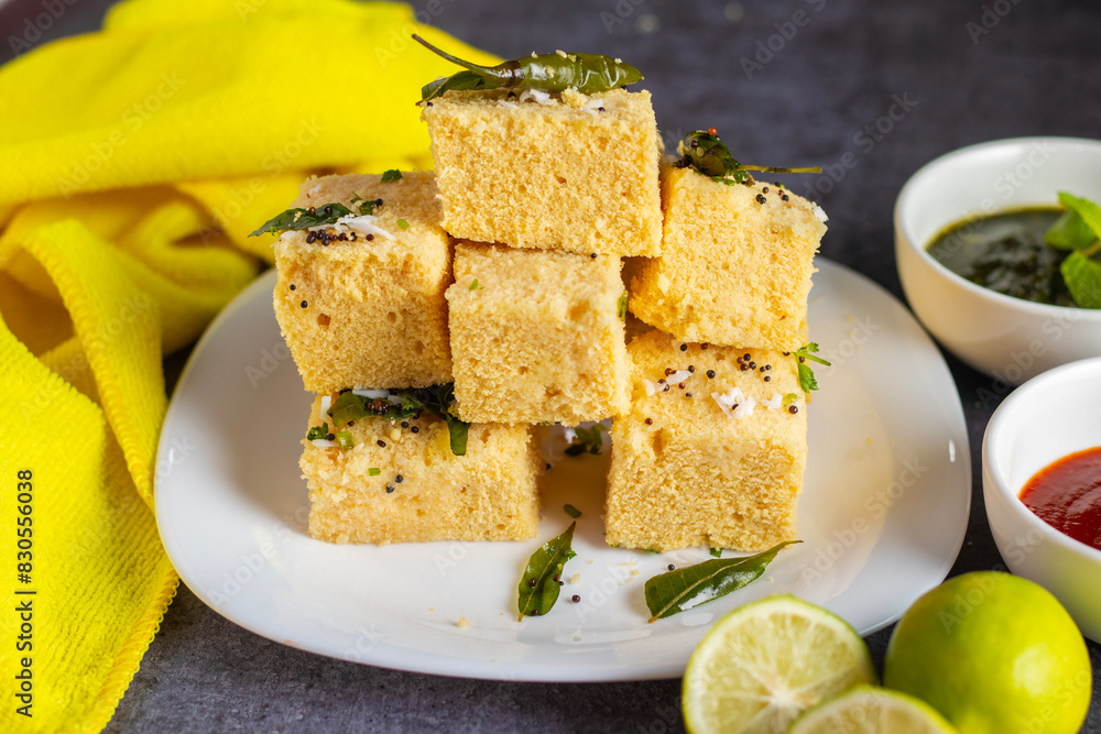 Famous Gujrati snack Dhokla made with gram flour and sugar syrup decorated with mint and tomato chutney. Famous Gujrati snack Dhokla made with gram flour and sugar syrup decorated with mint and tomato chutney.