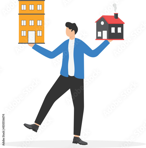 The choice of renting an apartment or buying a house, man thinking about choosing a property, making decision
