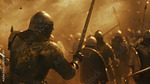 A medieval knight in armor, sword drawn, amidst a battle with other warriors
