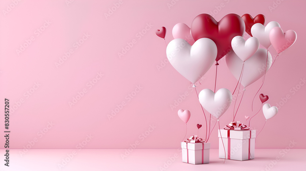 valentines day concept 3D heart shaped balloons flying with gift boxes on pink background, Generative AI