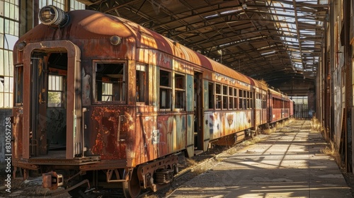 A rusted old train sits in a deserted station its windows shattered and doors creaking ominously a reminder of the heyday of the railroad in the Old West.