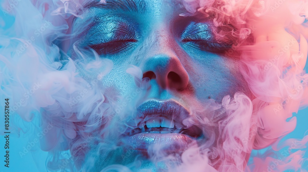 Close-up of woman's face with metallic makeup surrounded by colorful smoke Close-up of woman's face with metallic makeup surrounded by colorful smoke