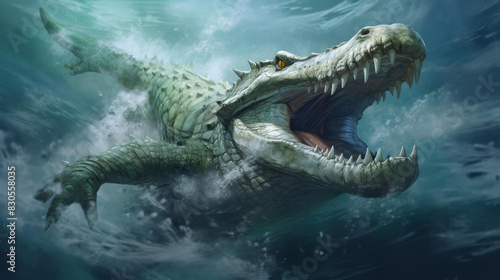 Stunning artwork of a Nile crocodile lurking in murky waters  showcasing its powerful jaws and scaly armor against a clean background.