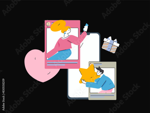 Virtual characters social communication concept business flat vector hand drawn illustration
