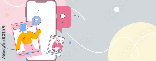 Virtual characters social communication concept business flat vector hand drawn illustration
