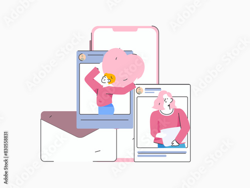 Virtual characters social communication concept business flat vector hand drawn illustration
