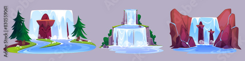 Waterfall cascades set isolated on background. Vector cartoon illustration of blue river flow falling in lake from rocky mountain, spring forest trees and flowers, tropical island design element